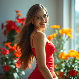 A stunningly beautiful young woman with long flowing hair, wearing a form-fitting red dress that accentuates her curves