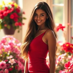 A stunningly beautiful young woman with long flowing hair, wearing a form-fitting red dress that accentuates her curves