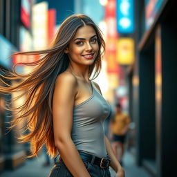 A stunningly attractive young woman with flowing long hair, wearing a fashionable and stylish outfit that accentuates her figure