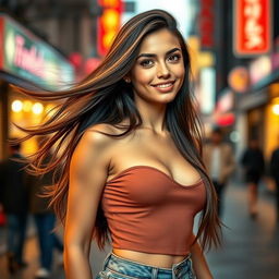 A stunningly attractive young woman with flowing long hair, wearing a fashionable and stylish outfit that accentuates her figure