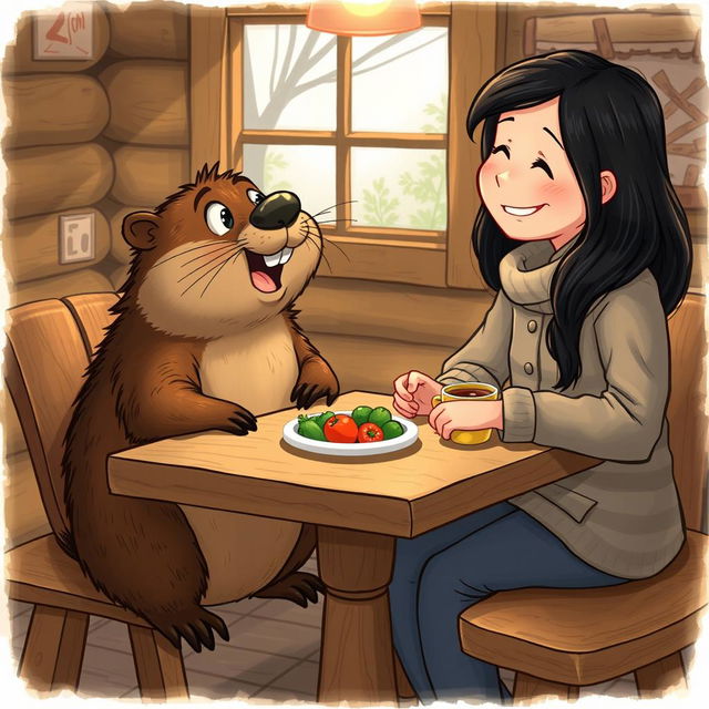 A cozy scene depicting a beaver sitting at a wooden table with a human, both sharing a moment together