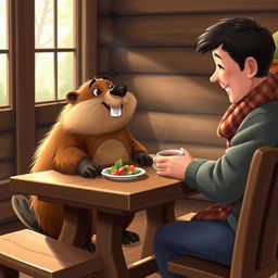 A cozy scene depicting a beaver sitting at a wooden table with a human, both sharing a moment together
