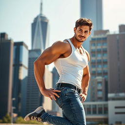 A confident, muscular male model showcasing a dynamic pose in a striking urban setting, with skyscrapers in the background