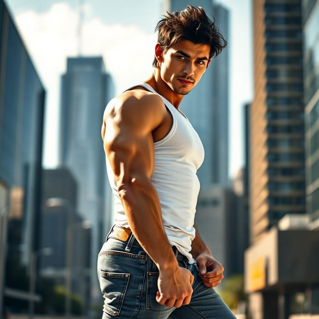 A confident, muscular male model showcasing a dynamic pose in a striking urban setting, with skyscrapers in the background