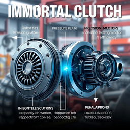 An illustration of an Immortal Clutch system for trucks, showcasing a robust and durable clutch disc with detailed texture, a precision-engineered pressure plate with high-tech components, an advanced electric motor designed for efficiency, and integrated control sensors with intricate wiring