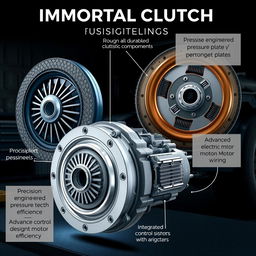 An illustration of an Immortal Clutch system for trucks, showcasing a robust and durable clutch disc with detailed texture, a precision-engineered pressure plate with high-tech components, an advanced electric motor designed for efficiency, and integrated control sensors with intricate wiring