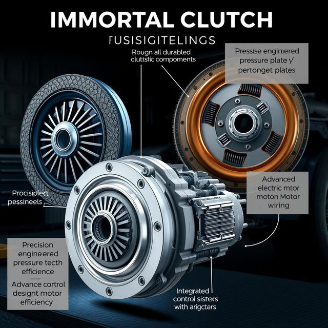 An illustration of an Immortal Clutch system for trucks, showcasing a robust and durable clutch disc with detailed texture, a precision-engineered pressure plate with high-tech components, an advanced electric motor designed for efficiency, and integrated control sensors with intricate wiring