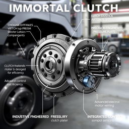 An illustration of an Immortal Clutch system for trucks, showcasing a robust and durable clutch disc with detailed texture, a precision-engineered pressure plate with high-tech components, an advanced electric motor designed for efficiency, and integrated control sensors with intricate wiring