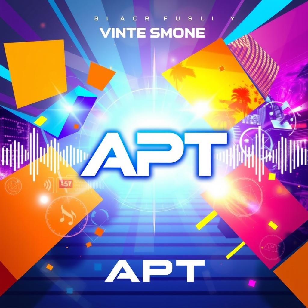 A vibrant and dynamic album cover for the song 'APT', featuring an abstract design with bright geometric shapes and a blend of colors that evoke energy and excitement