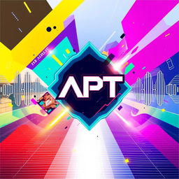 A vibrant and dynamic album cover for the song 'APT', featuring an abstract design with bright geometric shapes and a blend of colors that evoke energy and excitement