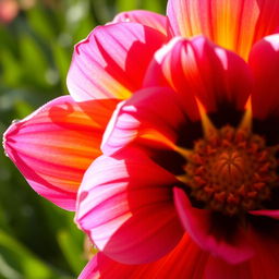 A close-up of a vibrant flower in full bloom, showcasing intricate petal details and vivid colors