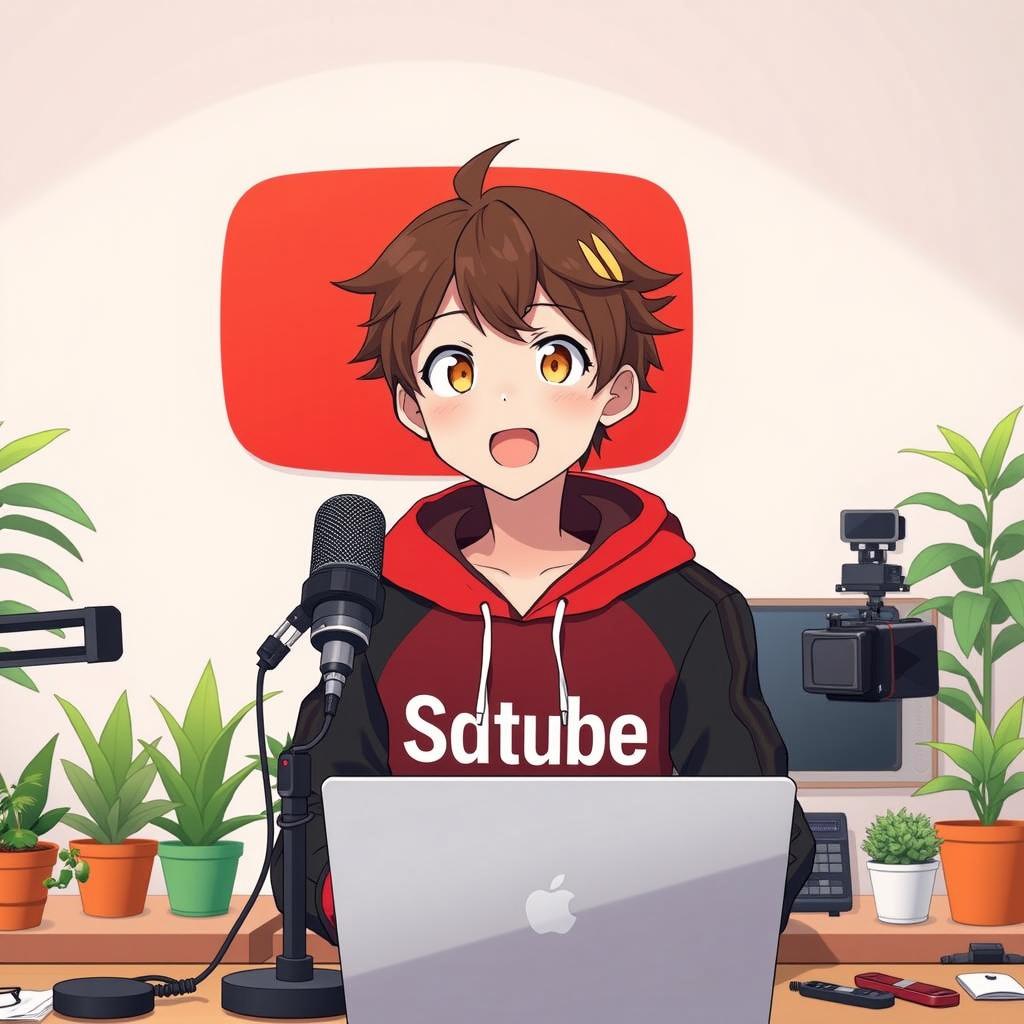 An anime boy sitting in front of a sleek computer desk, wearing a stylish black and red hoodie with the channel name "SAGAR FAMM" prominently displayed