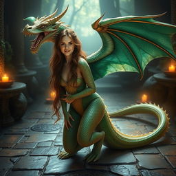 A stunning scene of a beautiful fantasy transformation, featuring a woman with features reminiscent of Emma Watson, gracefully changing into a majestic dragon