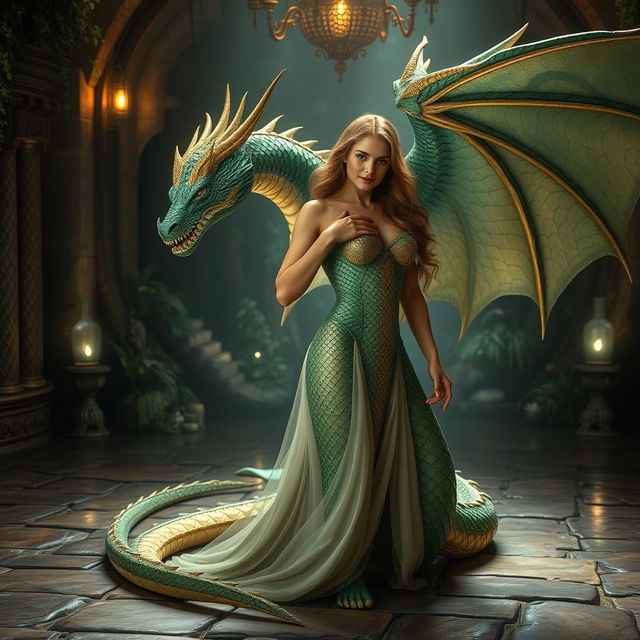 A stunning scene of a beautiful fantasy transformation, featuring a woman with features reminiscent of Emma Watson, gracefully changing into a majestic dragon