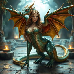 A stunning scene of a beautiful fantasy transformation, featuring a woman with features reminiscent of Emma Watson, gracefully changing into a majestic dragon