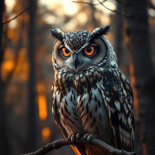 A majestic owl with eyes made of tiger's eye stone, showcasing the intricate patterns and warm hues of the stone