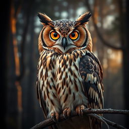 A majestic owl with eyes made of tiger's eye stone, showcasing the intricate patterns and warm hues of the stone