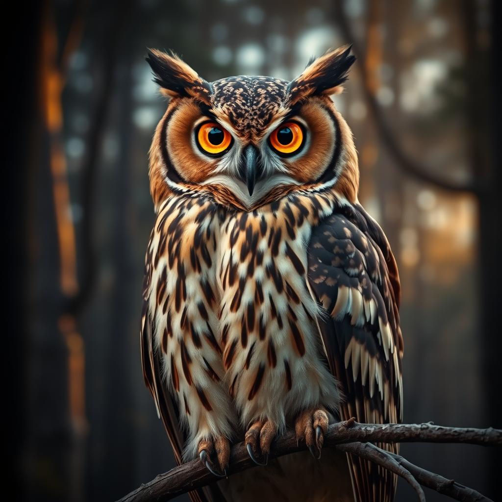 A majestic owl with eyes made of tiger's eye stone, showcasing the intricate patterns and warm hues of the stone