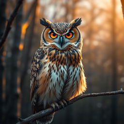 A majestic owl with eyes made of tiger's eye stone, showcasing the intricate patterns and warm hues of the stone