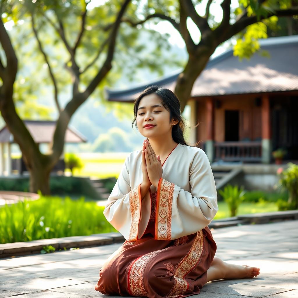 A person in Vietnam kneeling in prayer, with hands clasped together, expressing devotion to Jesus