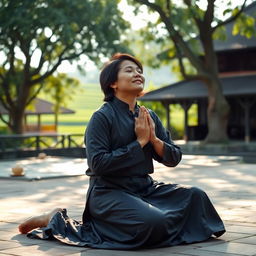 A person in Vietnam kneeling in prayer, with hands clasped together, expressing devotion to Jesus