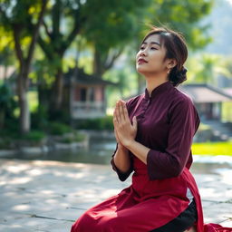 A person in Vietnam kneeling in prayer, with hands clasped together, expressing devotion to Jesus