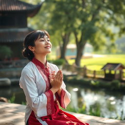 A person in Vietnam kneeling in prayer, with hands clasped together, expressing devotion to Jesus