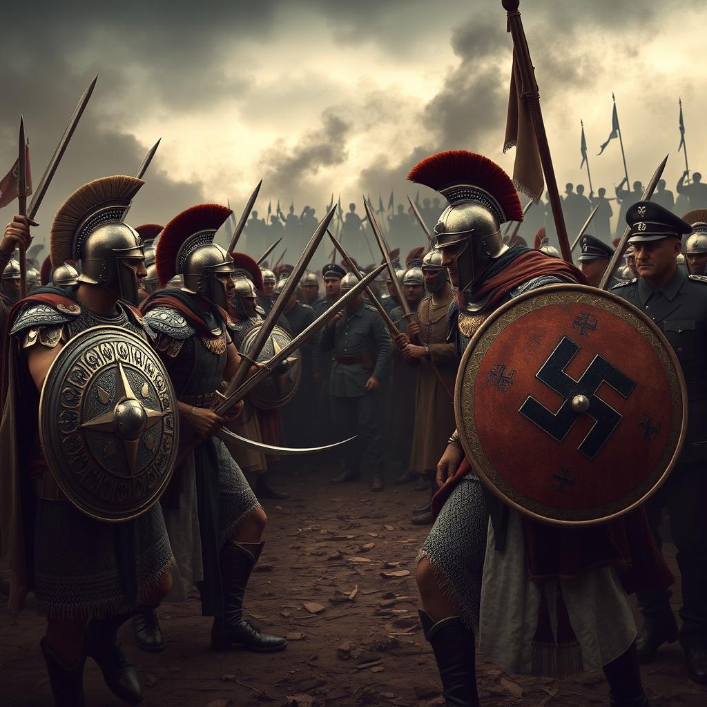 A dramatic and historically inspired scene depicting the Achaemenid army alongside soldiers from Nazi Germany, set in an ancient battlefield