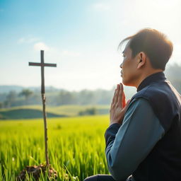 A man in traditional Vietnamese clothing kneeling in prayer, with his hands together and his head bowed in reverence