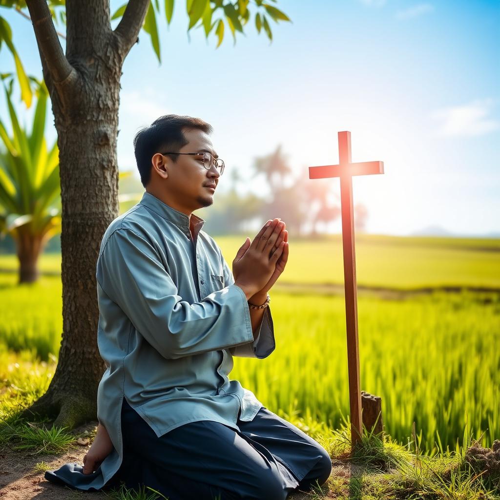 A man in traditional Vietnamese clothing kneeling in prayer, with his hands together and his head bowed in reverence