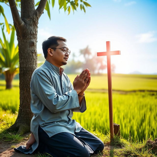 A man in traditional Vietnamese clothing kneeling in prayer, with his hands together and his head bowed in reverence
