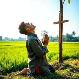 A man in traditional Vietnamese clothing kneeling in prayer, with his hands together and his head bowed in reverence