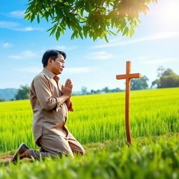 A man in traditional Vietnamese clothing kneeling in prayer, with his hands together and his head bowed in reverence