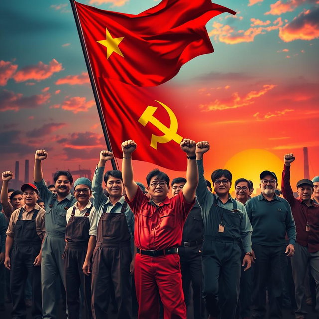 A powerful and striking image depicting the essence of communism, featuring a red flag waving majestically in the background with bold golden stars, symbolizing unity and strength