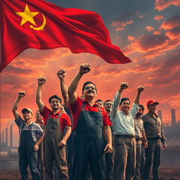 A powerful and striking image depicting the essence of communism, featuring a red flag waving majestically in the background with bold golden stars, symbolizing unity and strength