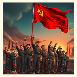 A powerful and striking image depicting the essence of communism, featuring a red flag waving majestically in the background with bold golden stars, symbolizing unity and strength