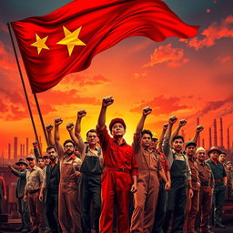 A powerful and striking image depicting the essence of communism, featuring a red flag waving majestically in the background with bold golden stars, symbolizing unity and strength