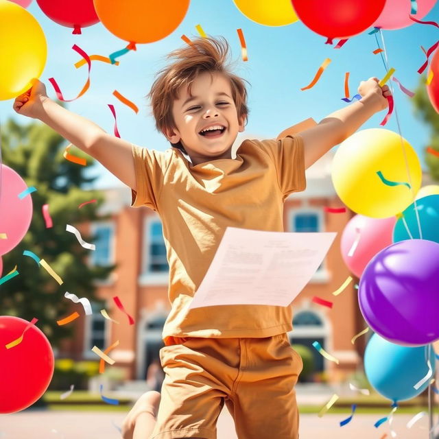 A young boy jumping in joy with a big smile on his face as he checks his results on a piece of paper