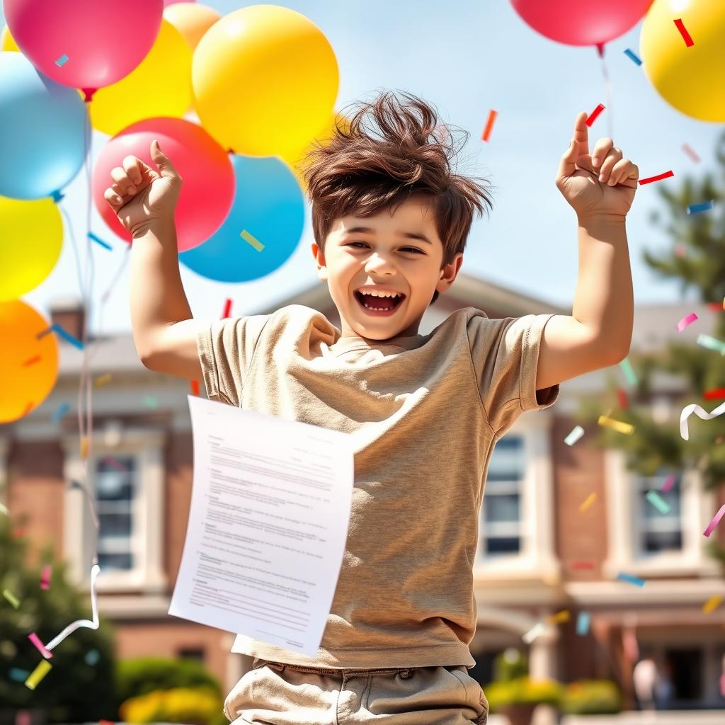 A young boy jumping in joy with a big smile on his face as he checks his results on a piece of paper