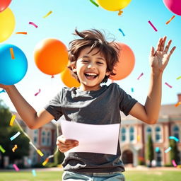 A young boy jumping in joy with a big smile on his face as he checks his results on a piece of paper