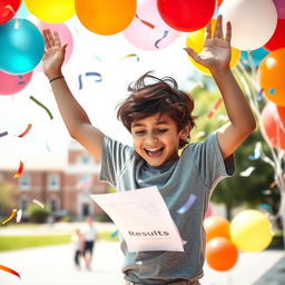 A young boy jumping in joy with a big smile on his face as he checks his results on a piece of paper