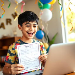 A joyous boy, around 15 years old, with a big smile on his face, holding his acceptance letter while checking his results on a laptop
