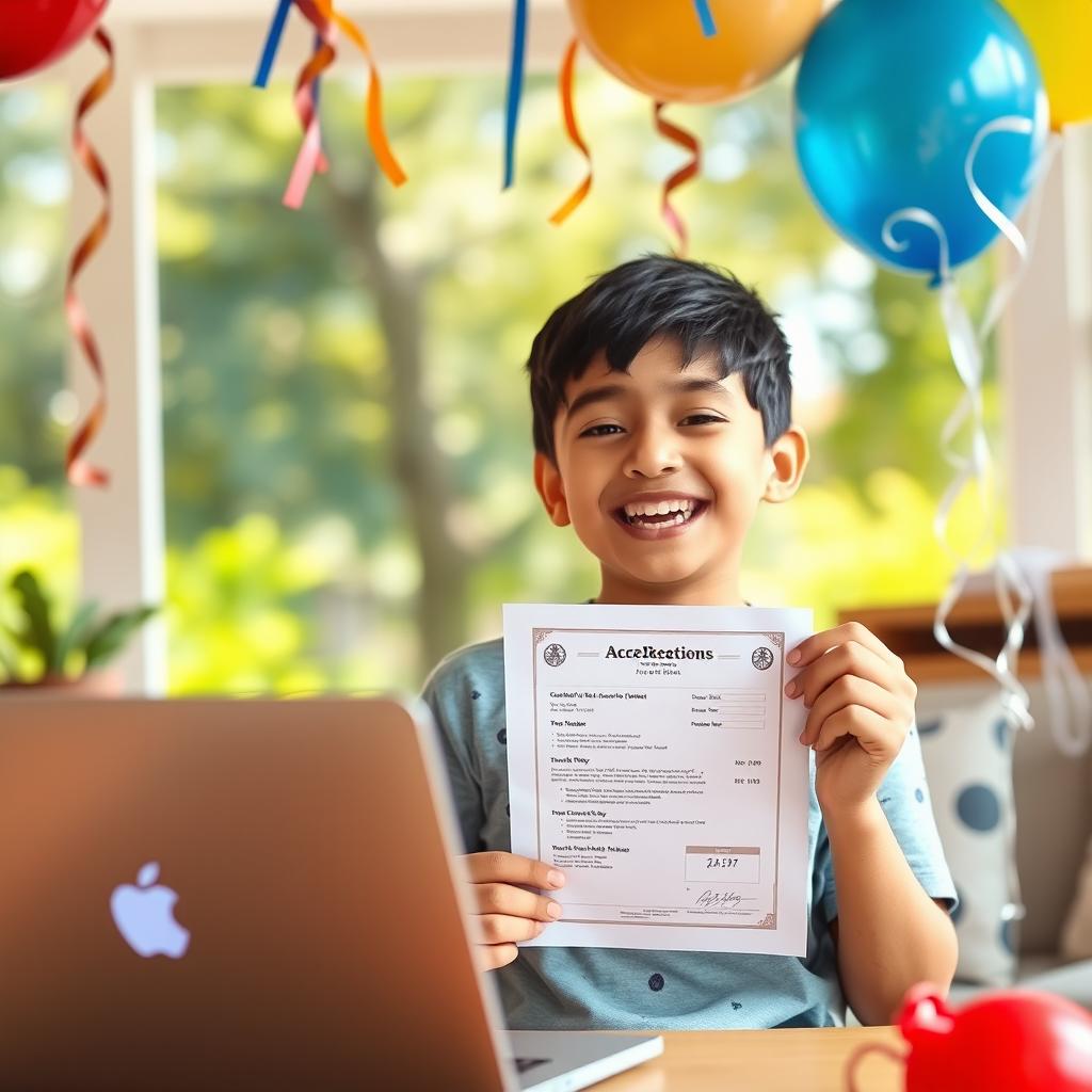 A joyous boy, around 15 years old, with a big smile on his face, holding his acceptance letter while checking his results on a laptop