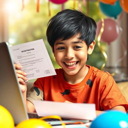 A joyous boy, around 15 years old, with a big smile on his face, holding his acceptance letter while checking his results on a laptop