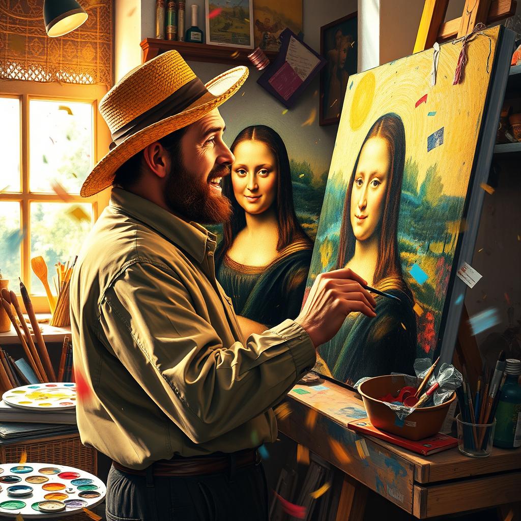 Vincent van Gogh passionately painting the Mona Lisa's smile, surrounded by a swirl of vibrant colors, iconic brush strokes, and energetic motion