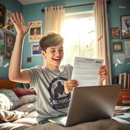 A jubilant teenage boy, around 16 years old, with a beaming smile, holding his acceptance letter while checking his results on a laptop