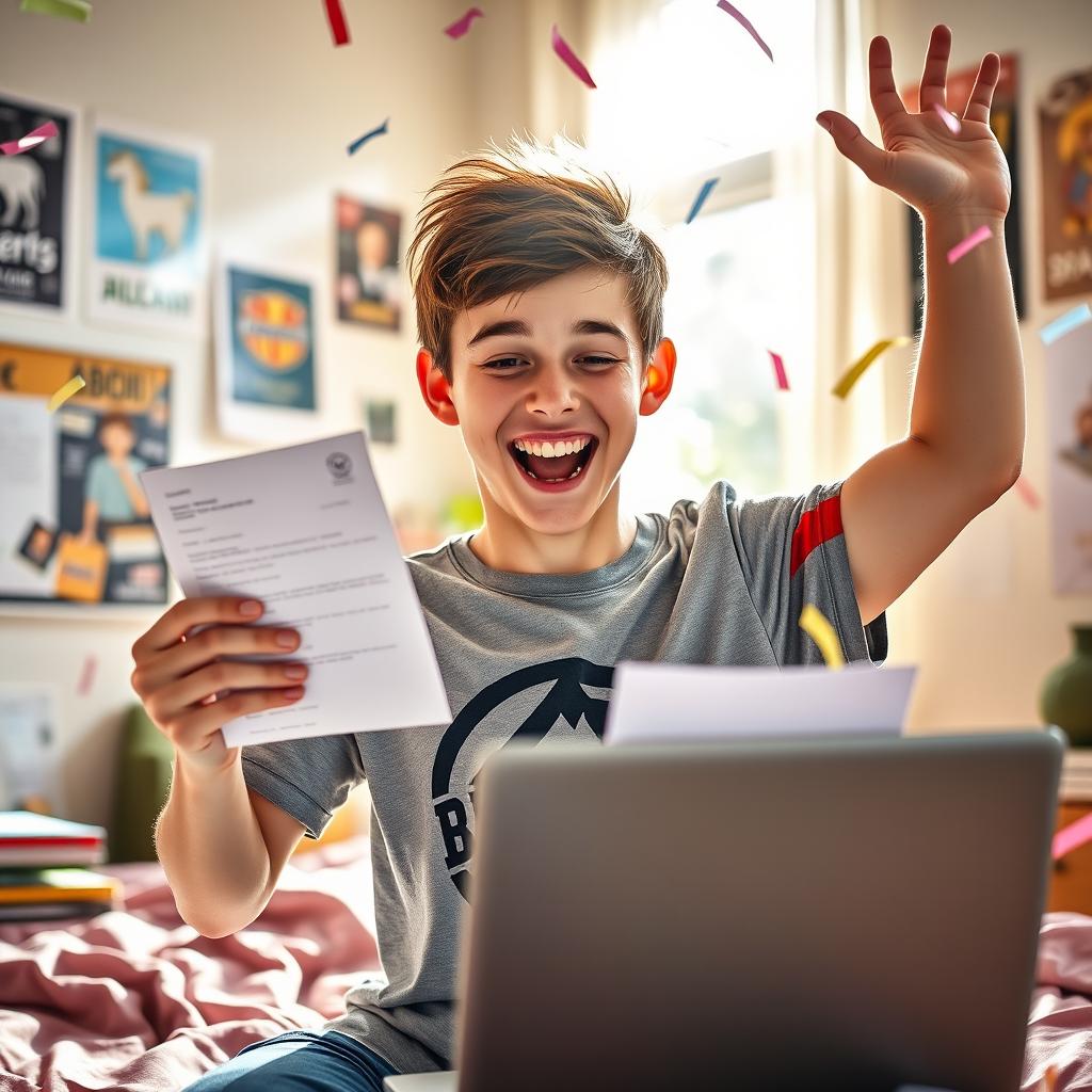 A jubilant teenage boy, around 16 years old, with a beaming smile, holding his acceptance letter while checking his results on a laptop