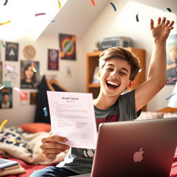 A jubilant teenage boy, around 16 years old, with a beaming smile, holding his acceptance letter while checking his results on a laptop
