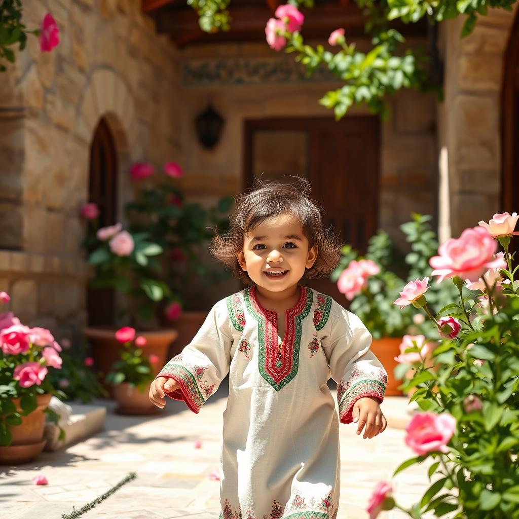A portrait of a young Palestinian child playing in the courtyard of a traditional Palestinian home, showcasing vibrant colors and a warm atmosphere