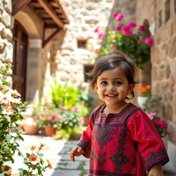 A portrait of a young Palestinian child playing in the courtyard of a traditional Palestinian home, showcasing vibrant colors and a warm atmosphere